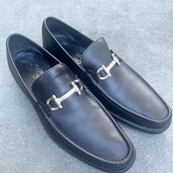 Ferragamo Grandioso2 Black Leather Men’s Slip-on Loafers, Silver Horsebit, 11 D - Picture 1 of 14